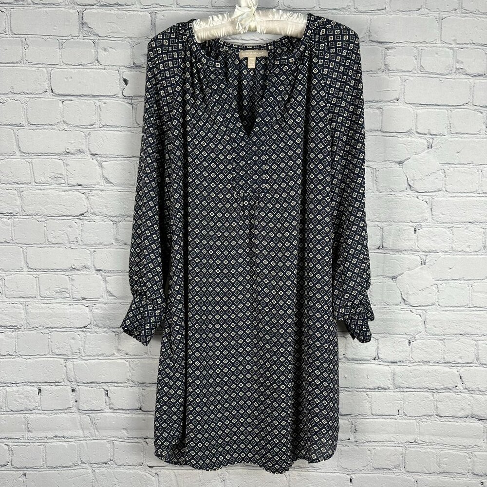 Banana Republic Women's Geometric Print V-Neck Tunic Blouse Top, Size 10P, Navy